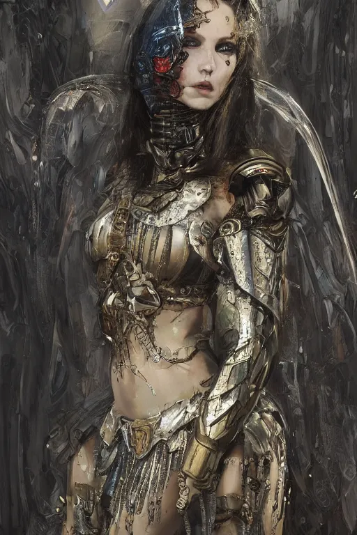 Image similar to portrait of beautiful young gothic maiden, cyberpunk armor, a lot of scars, warhammer, highly detailed, artstation, illustration, art by gustav klimt