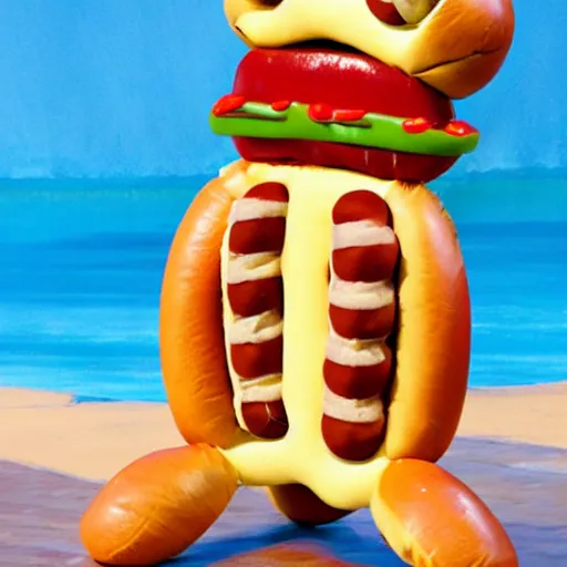 Image similar to a hot dog with legs, surreal, dreamlike