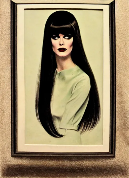 Image similar to portrait 1 9 6 0 s beautiful mod girl, long straight 6 0 s hair with bangs, wearing velvet, vampire, glam, groovy, by brom