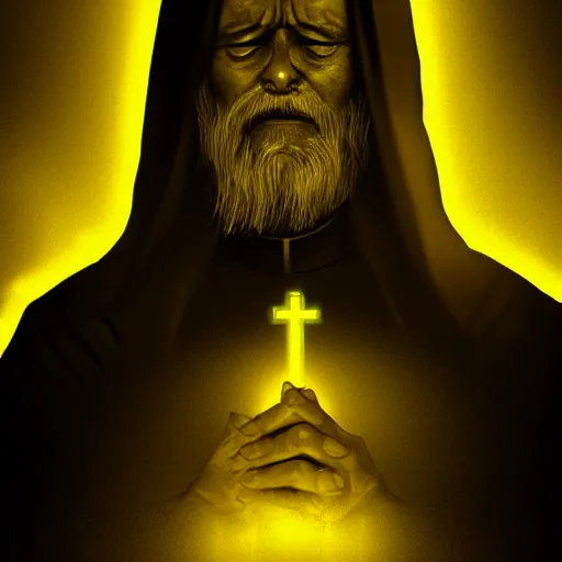 Prompt: An old catholic priest in black garb kneeled in passionate prayer. His eyes are wide open with fear. Ominous dramatic yellow lighting. Overhead view, award-winning digital art, trending on ArtStation