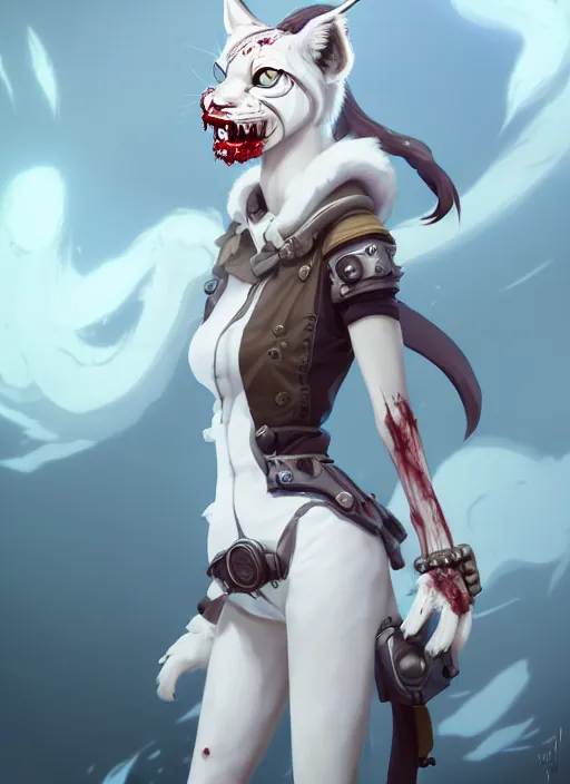 Image similar to wide angle beautiful full body portrait of a strong female damaged zombie anthropomorphic anthro white lynx fursona wearing a steampunk dress toothsome open mouth. character design by disney, anime, manga, charlie bowater, ross tran, artgerm, and makoto shinkai, detailed, soft lighting, rendered in octane