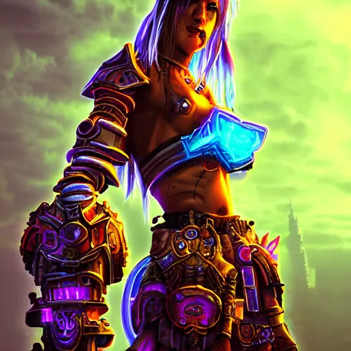 Image similar to world of warcraft cyberpunk version photo realistic