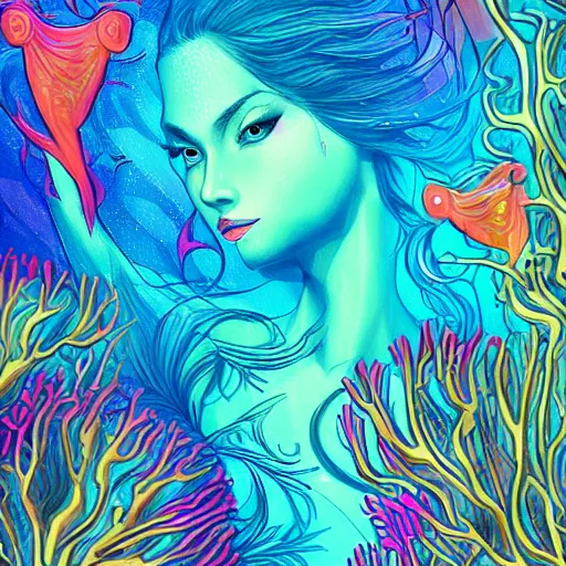 Image similar to coral underwater colorful, fantasy, intricate, highly detailed, little fish and sea life digital painting, hd, trending on artstation, illustration, fine lines, sharp edges, colourful, attractive woman, swimming,