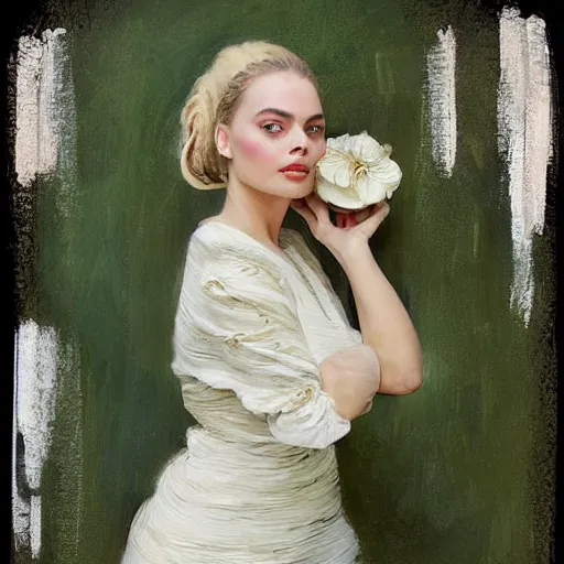 Prompt: happy very thick paint brush strokes paint texture full body fashion model margot robbie by Jeremy Lipking by Hasui Kawase by Richard Schmid (((smokey eyes makeup eye shadow fantasy, glow, shimmer as victorian woman in a long white frilly lace dress and a large white hat having tea in a sunroom filled with flowers, roses and lush fern flowers ,intricate, night, highly detailed, dramatic lighting))) , high quality