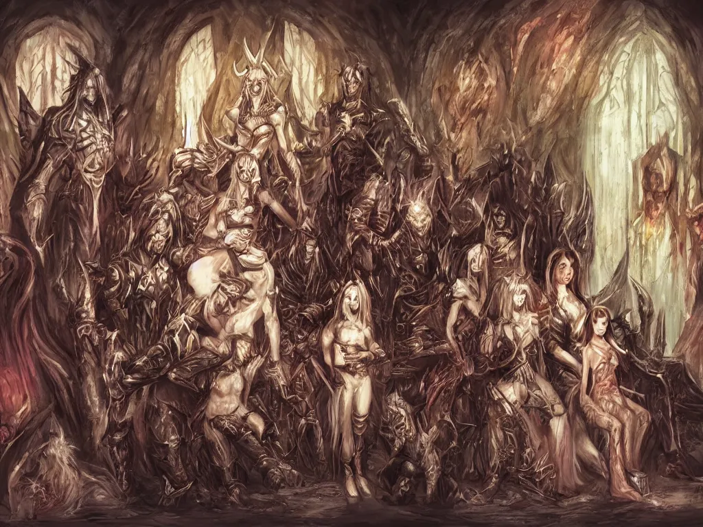 Prompt: Demon Lord and Demon Lady with their family in the Throne Room | fantasy art