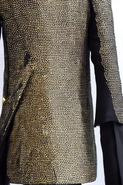 Prompt: futuristic blazer with gold accents and black lapel, hd, fashion design, suit design, fabric, weave, hyper detailed