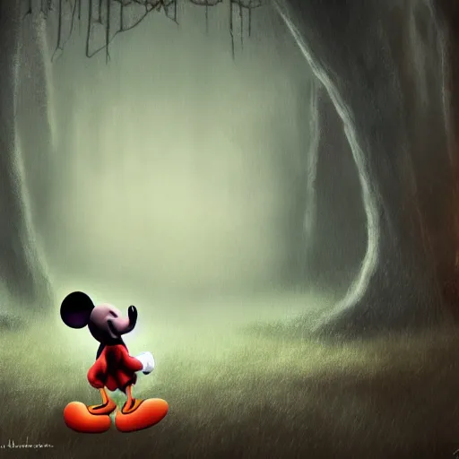 Image similar to mickey mouse shying away, idly and [ visibly afraid ]!!!, [ horror game ], [ digital art ]!!, dark fantasy art style, 4 k quality