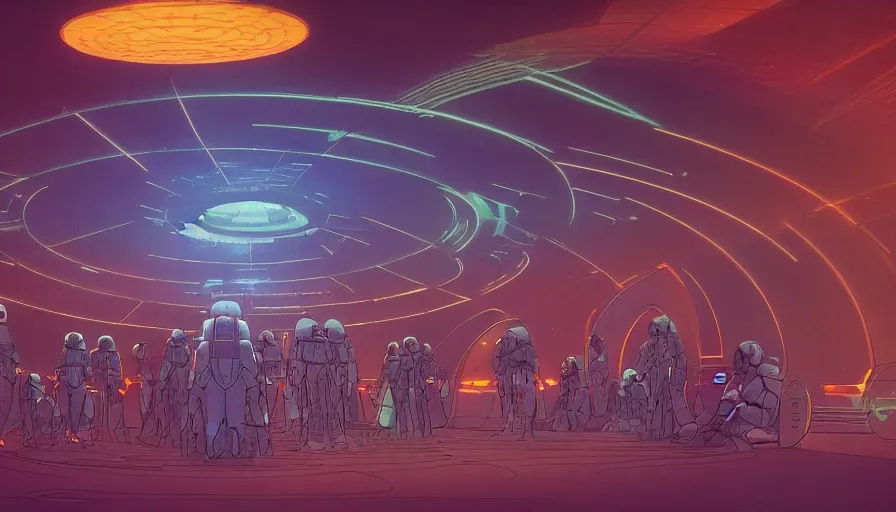 Image similar to a space ship circular room with bright holodesk in the center, a hologram of the solar system!!!, standing dark people discussing, contrasted light, clair obscur, star wars vibe, by sead mead, by feng zhu!!! by moebius, vivid colors, spectacular cinematic scene