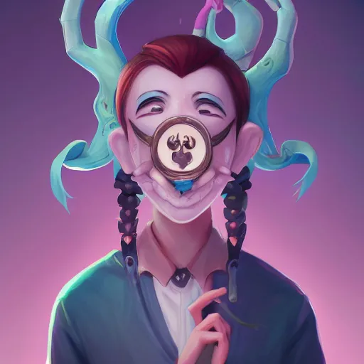 Image similar to a portrait of the happy mask salesman, art by lois van baarle and loish and ross tran and rossdraws and sam yang and samdoesarts and artgerm and saruei and disney, digital art, highly detailed, intricate, sharp focus, trending on artstation hq, deviantart, unreal engine 5, 4 k uhd image