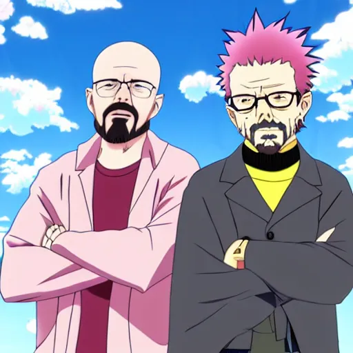 Image similar to jesse pink man and walter white in an anime, 4 k, anime style