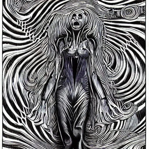 Image similar to eldritch woman abomination of unimaginable horror by h. r. giger and junji ito, speculative evolution, op art with big bold patterns