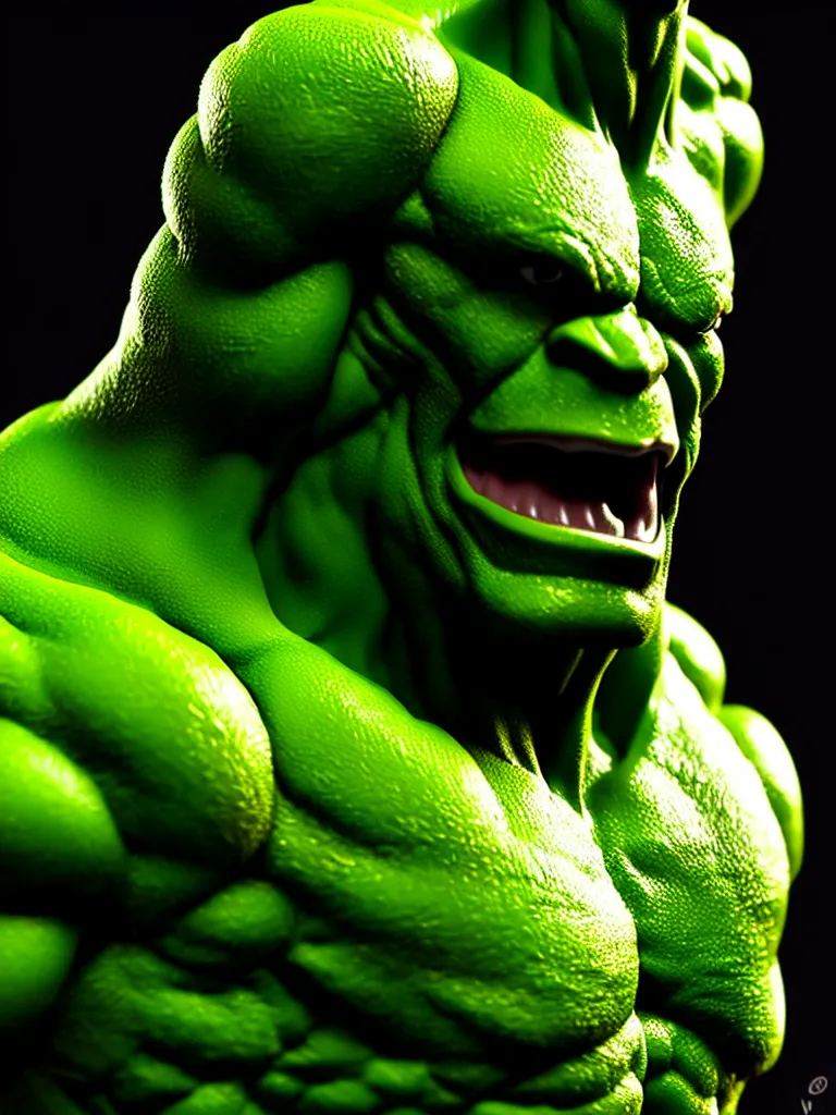 Image similar to hyperrealistic rendering, hulk by bernie wrightson and killian eng and joe fenton, product photography, action figure, sofubi, studio lighting, colored gels, colored background