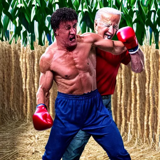 Image similar to Sylvester Stallone punching joe biden in a corn maze, 4k realistic photo