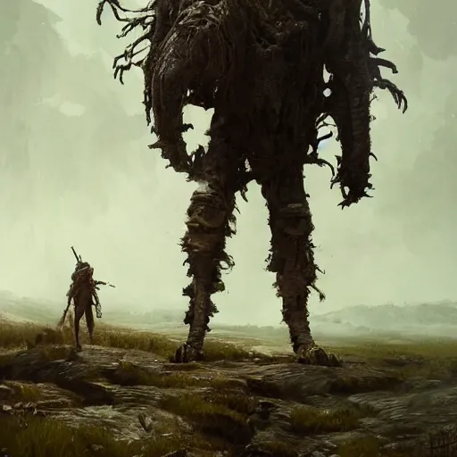 Image similar to a creepy creature standing infront of an battlefield, Matte painting , detailed painting, greg rutkowski