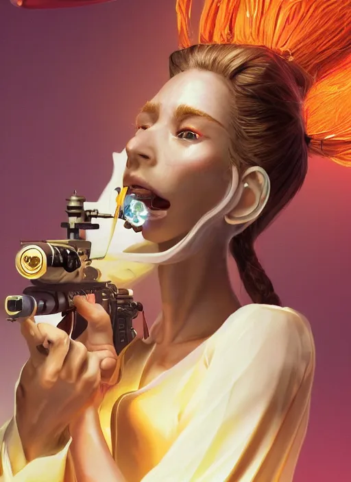 Image similar to an anthropomorphic beautiful female scientist portrait holding a science fiction sniper rifle wearing colourful robe, fine art, award winning, intricate, elegant, sharp focus, octane render, hyperrealistic, wizard hat cinematic lighting, highly detailed, digital painting, 8 k concept art, art by jamie hewlett and z. w. gu, masterpiece, trending on artstation, 8 k