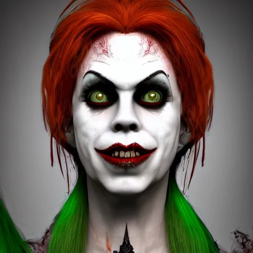 Image similar to alan lee portrait of fairuza balk as a realistic evil demon girl clown with deep dark eyes and lots of mascara and green hair and sharp wicked metal teeth and tattered elven ears very ugly creature by guillermo del toro redshift 3 d render, 1 1 aperture, 3 5 mm, canon 5 d