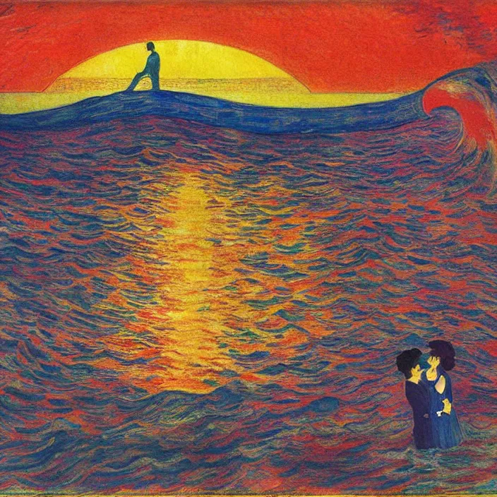 Prompt: close view of woman and man kissing.. tsunami great wave, sun setting through the storm clouds. iridescent, vivid psychedelic colors. painting by munch, agnes pelton, egon schiele, henri de toulouse - lautrec, utamaro, monet