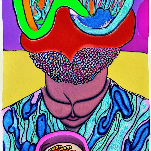 Image similar to psychedelic painting of a man eating a hamburger