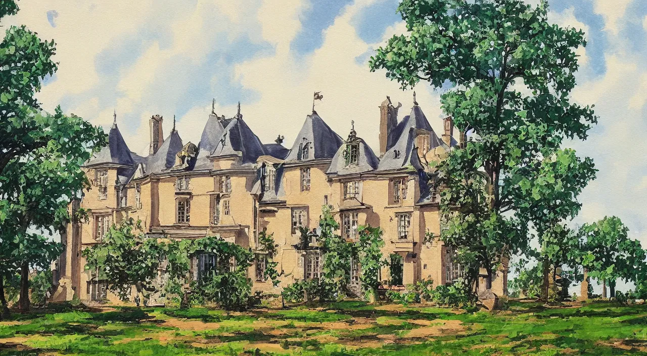 Prompt: a painting of a French manor, in the style of anime