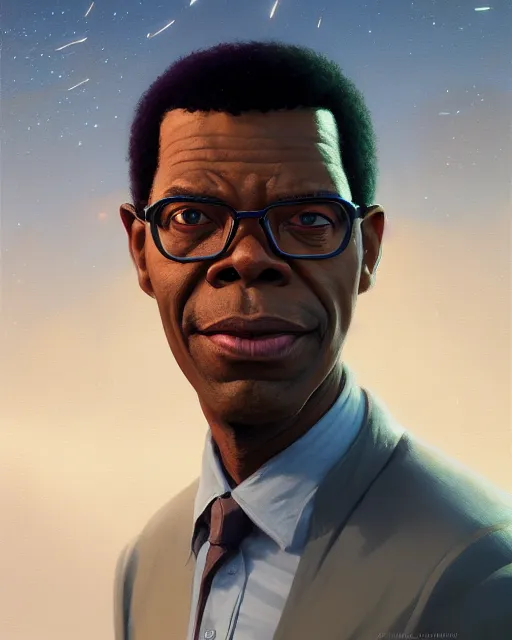 Image similar to highly detailed vfx portrait of phil lamarr by stephen bliss, chalk, unrealengine, greg rutkowski, loish, rhads, beeple, chalk, makoto shinkai and lois van baarle, ilya kuvshinov, rossdraws, tom bagshaw, basil gogos