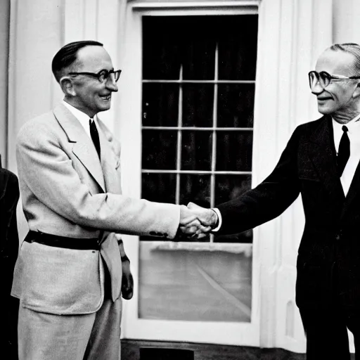 Image similar to monochrome vintage photograph of Harry Truman and a space alien shaking hands in the white house, 8k, ultra intricate, ultra detailed,