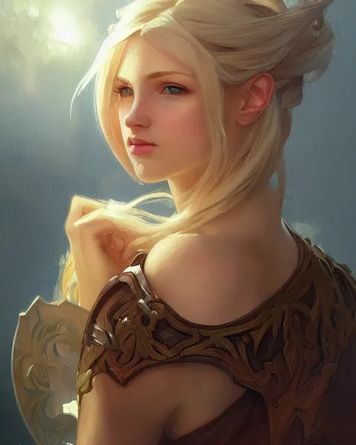 Image similar to '' Portrait of Beautiful blonde Slavic woman, league of legends, LOL, fantasy, d&d, digital painting, artstation, concept art, sharp focus, illustration, art by greg rutkowski and alphonse mucha ''