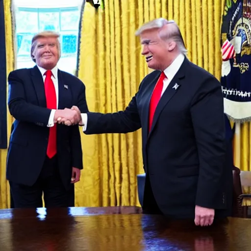 Prompt: professional photograph of a gorilla wearing a suit and donald trump shaking hands in the white house, 8 k, very intricate, very detailed,