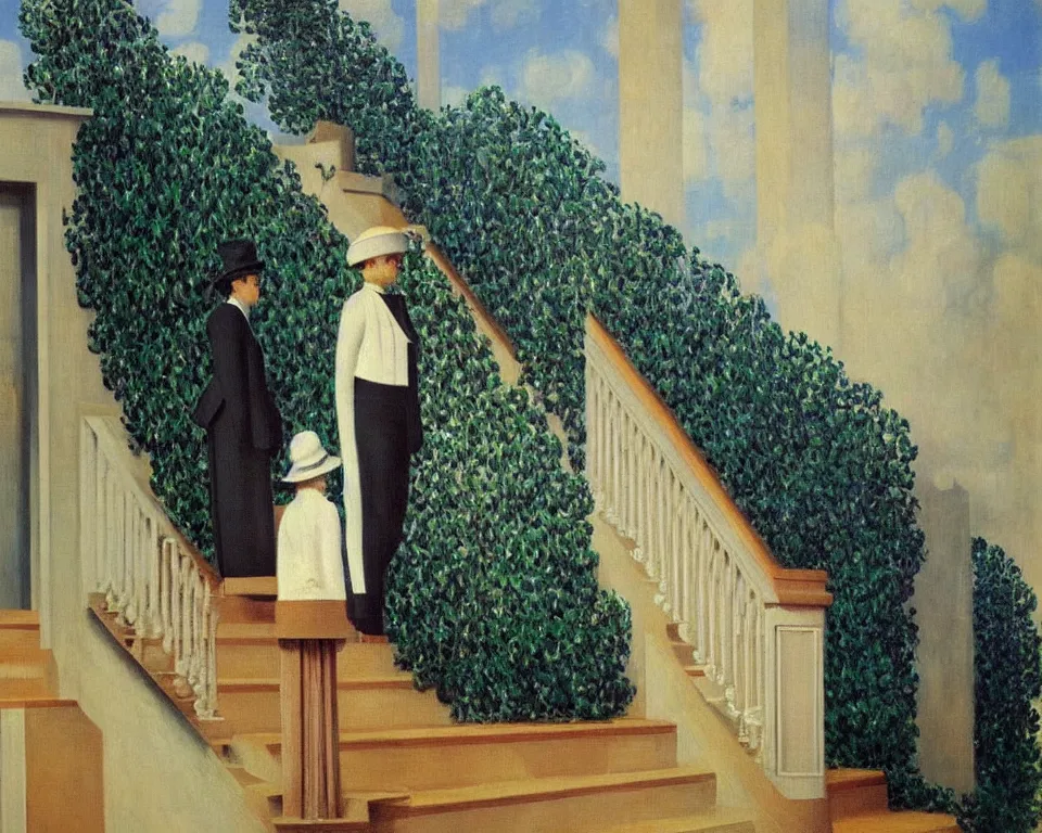 Prompt: achingly beautiful painting of a sophisticated, well - decorated, modern staircase by rene magritte, monet, and turner.