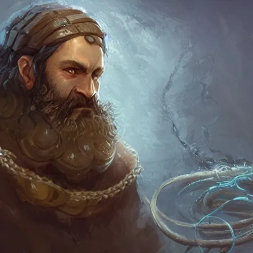 Prompt: A portrait of a cleric of Cthulu with short dark hair and a trimmed beard, he wears a sandstone cube on a string around his neck, as dark magic emanates from the cube tentacles spur from the water, digital art by Ruan Jia