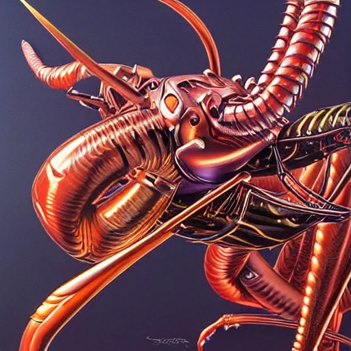 Image similar to bionic scorpion, art by peter lloyd, 1 9 8 0's art, retro art, airbrush style, art by hajime sorayama, intricate, elegant, sharp focus, illustration, highly detailed, concept art, matte, sharp focus, illustration, highly detailed, h 8 0 0