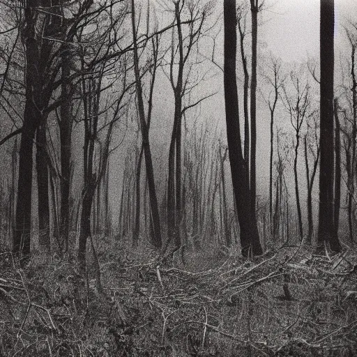 Image similar to 1 9 9 0 s faded vhs tape still, empty forest with dead trees, cloudy day, creepy