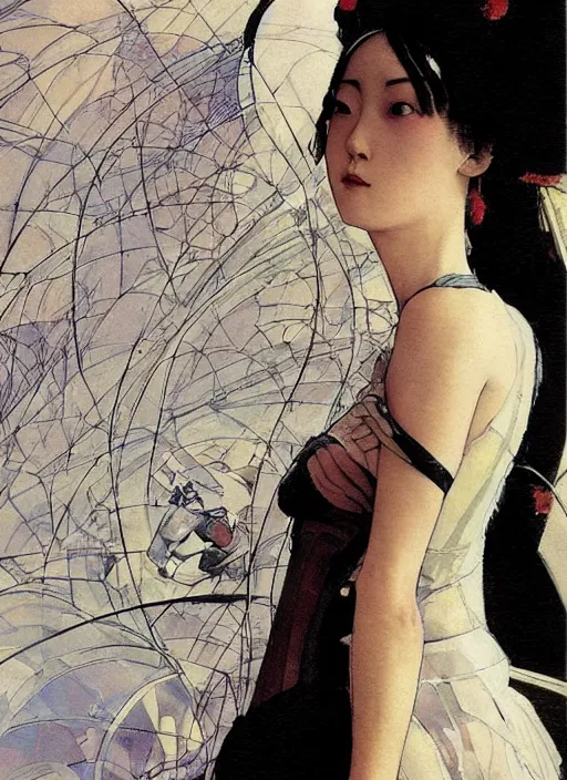 Prompt: a low angle copic maker art nouveau portrait of a japanese futuristic skinny russian beautiful girl detailed features wearing a latex wedding dress with a puffy skirt designed by balenciaga by john berkey, norman rockwell akihiko yoshida