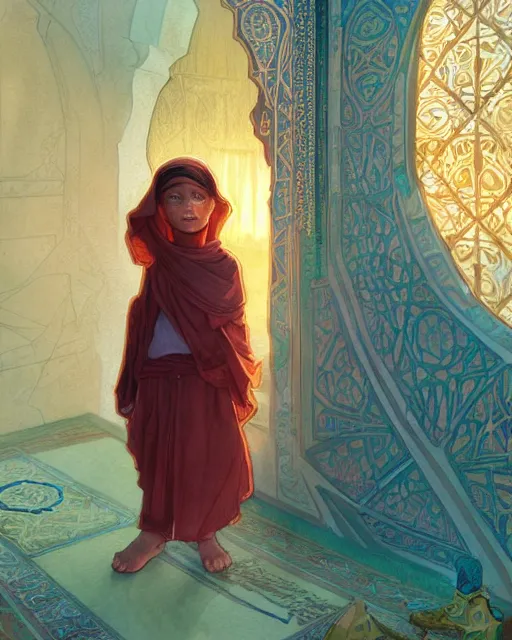 Image similar to a faceless bedouin child infront of a big open quran highly detailed, gold filigree, romantic storybook fantasy, soft cinematic lighting, award, disney concept art watercolor illustration by mandy jurgens and alphonse mucha and alena aenami, pastel color palette, featured on artstation