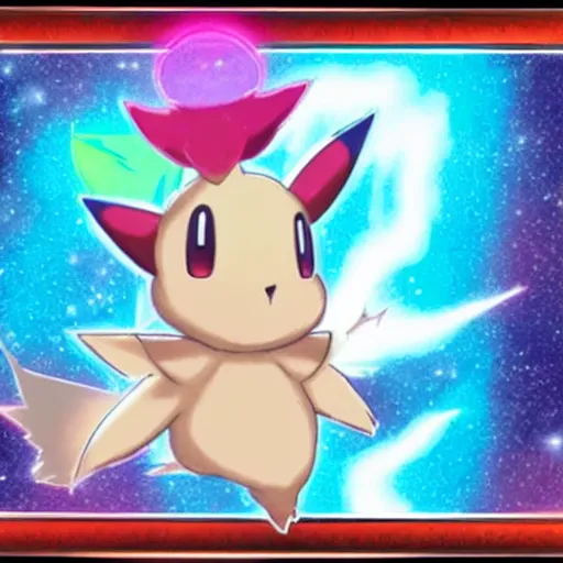 Prompt: a rare holographic pokemon card of a Moogle from Final Fantasy