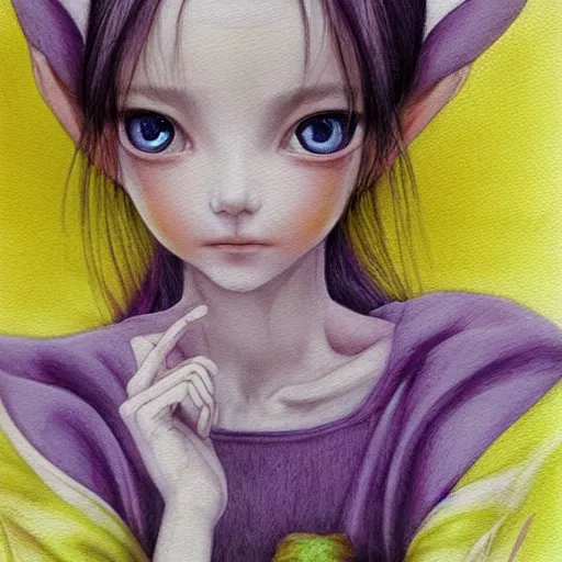 Image similar to little elf girl, tunic, soft hair. light color palate, purple, yellow and white. detailed soft painting, ayami kojima, made in abyss, anatomically correct, inspired in balthus, high detailed face anime, vogue magazine