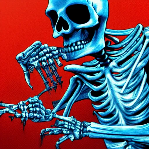 Image similar to a detailed portrait of a skeleton riding a nuke, blue eyes, art illustration, incredibly highly detailed and realistic, 8 k, sharp focus