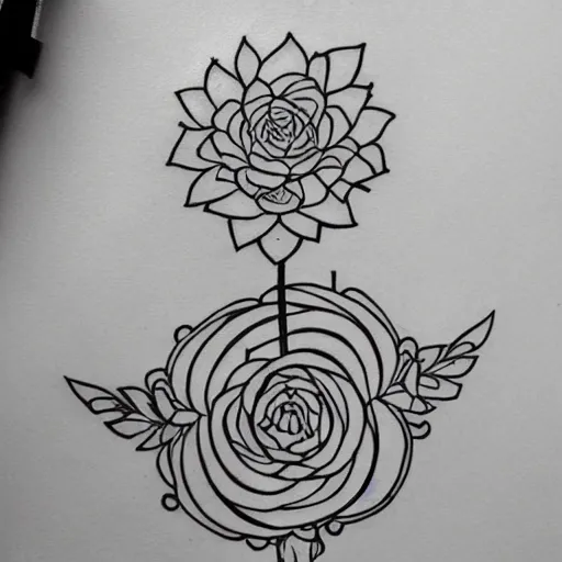 Image similar to beautiful flower in Voynich manuscript style. outline tattoo design, black ink on white paper