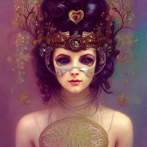 Prompt: a beautiful stunning fantasy whimsical matte digital portrait of a dark haired woman wearing an elegant ornate masquerade mask, her brain is a steampunk-style machine, her heart is full of colorful flora, concept art by William Adolphe-Bouguereau and Anna Dittmann and Anton Fadeev and Anato Finnstark, pastel color palette, trending on artstation hq