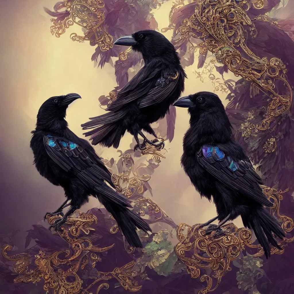 Image similar to beautiful black raven bird with ornate jewelry, cute, intricate, highly detailed, digital painting, trending on artstation, concept art, smooth, sharp focus, backlit, rim light, vivid colors, illustration, unreal engine 5, 8 k, art by rossdraws and alphonse mucha