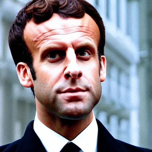 Image similar to highly realistic painting of Emmanuel Macron in American Psycho (1999)