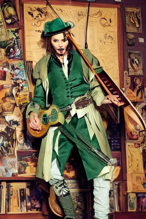 Prompt: Breathtaking comic book style of Johny Depp portrayed as a Dungeons and Dragons bard, playing the lute and wearing a pale green jacket