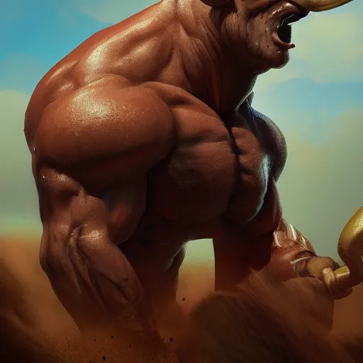 Image similar to a muscular bull with a pot belly, hyperdetailed, 4k, artstation