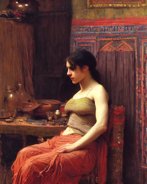 Image similar to a an exhausted artist in his studio orientalist intricate portrait by john william waterhouse and edwin longsden long and theodore ralli and nasreddine dinet, oil on canvas. cinematic, hyper realism, dramatic lighting, high detail 8 k