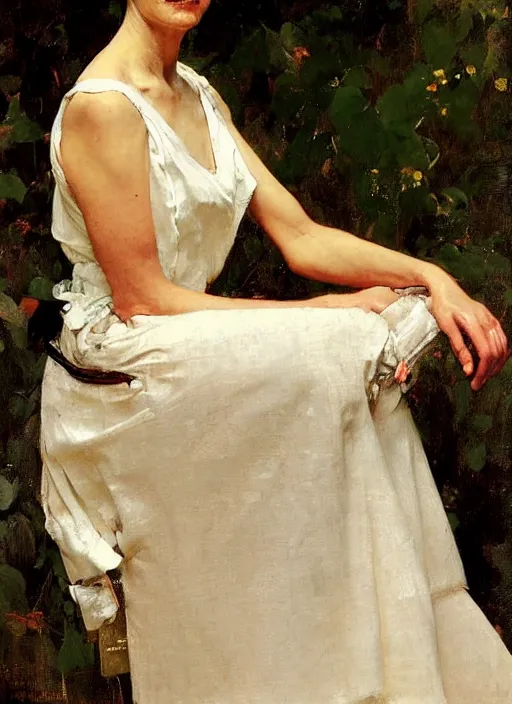 Image similar to illustration upper body and head portrait of elegant woman in summer dress, by norman rockwell, roberto ferri, daniel gerhartz, tom lovell, dean cornwell