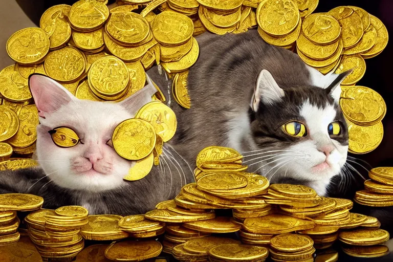 Image similar to meowth, cat pokemon, surrounded by gold coins, photorealism, cinematography