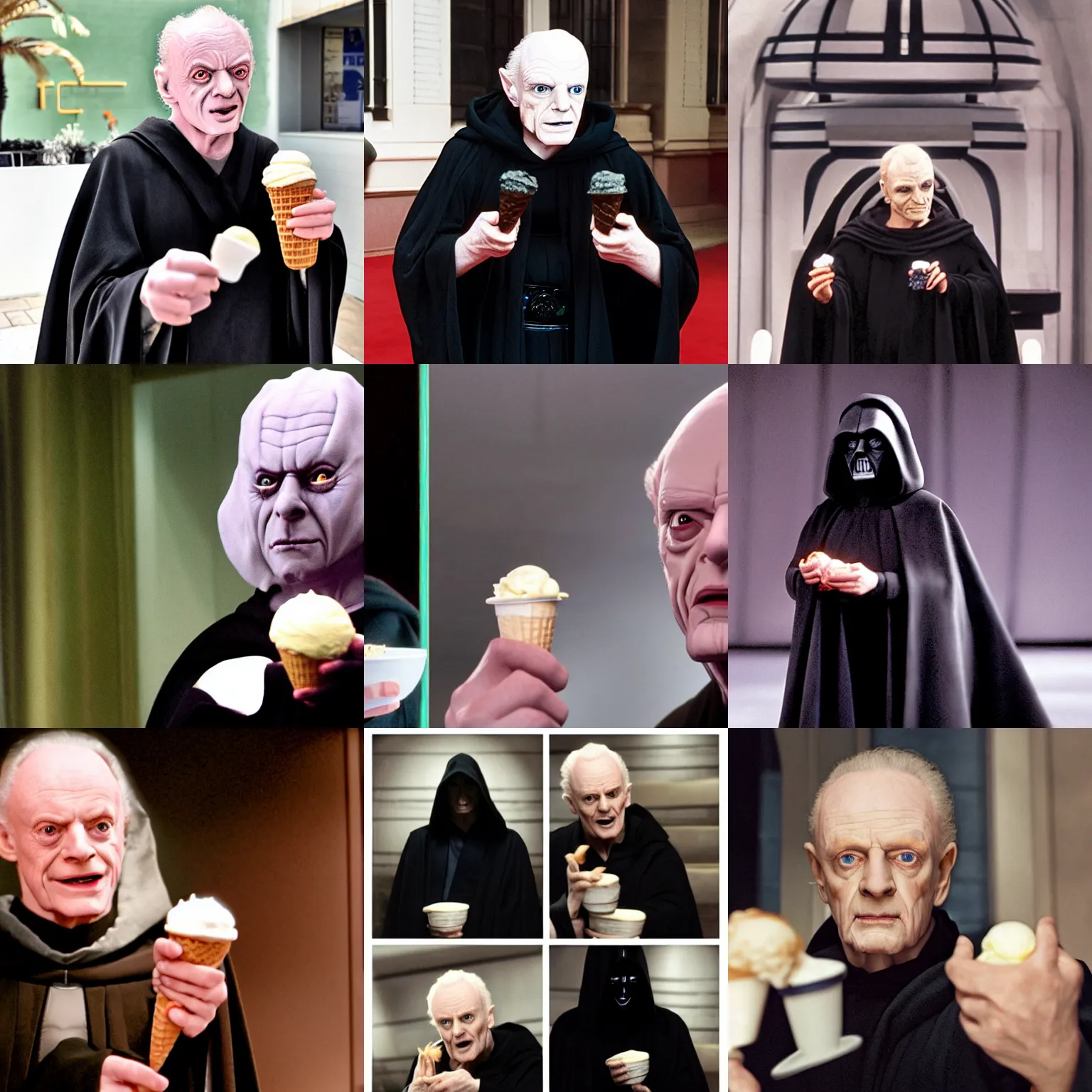 Prompt: emperor palpatine as played by ian mcdiarmid in a black robe is eating ice cream