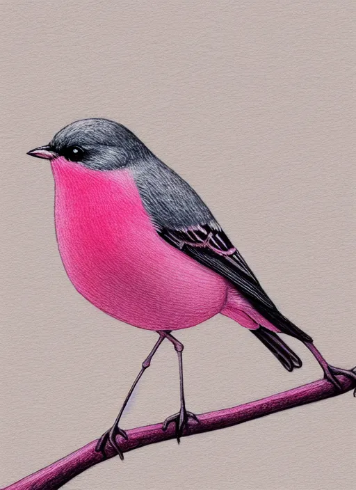 Prompt: a beautiful and detailed illustration of a pink robin bird standing on a branch, balanced and aesthetically pleasing natural and pastel colors, textured patterns, white paper background