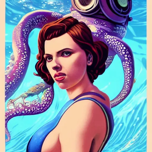 Prompt: lofi underwater bioshock portrait of scarlett johansson in swimsuit with giant octopus, Pixar style, by Tristan Eaton Stanley Artgerm and Tom Bagshaw.