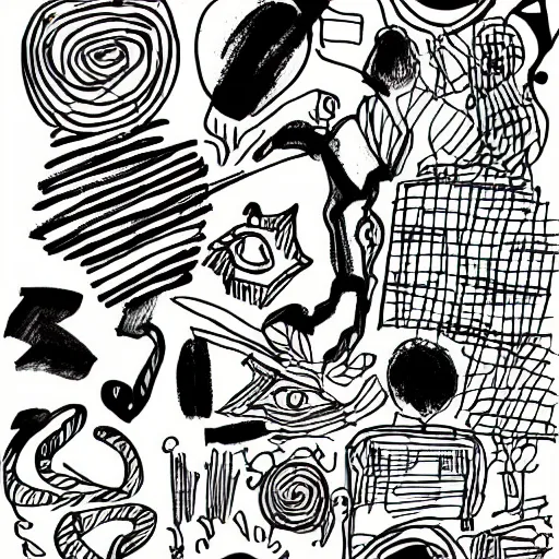 Image similar to black and white composition of a variety of doodles, drawings, faces, symbols, cartoons, lineart, chinese ink brush