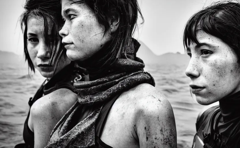 Image similar to cinestill 5 0 d candid photographic portrait by helen levitt of two loving female androids wearing rugged black mesh techwear in treacherous waters, extreme closeup, modern cyberpunk moody emotional cinematic, dust storm, 8 k, hd, high resolution, 3 5 mm, f / 3 2, ultra realistic faces, ex machina